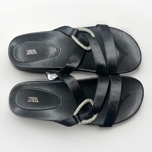 ZARA *NEW* Black‎ Satin Rhinestone Slides Slip On Flat Sandals Women EU 39 US 8